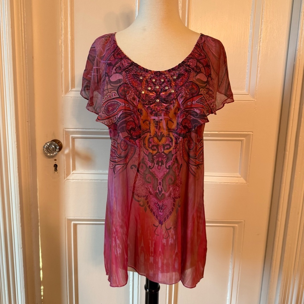 Unity World Wear Women’s Pink Orange Studded Patterned Top Medium Flutter Sleeve